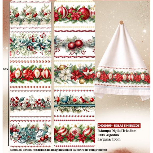 NT26 - TRICOL. COLEÇÃO BARRADOS NATAL - BOLAS E HIBISCO FUNDO BRANCO - 100% ALGODÃO A4705-001