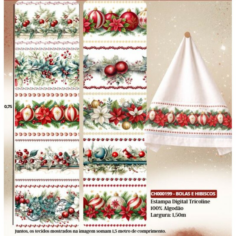 NT26 - TRICOL. COLEÇÃO BARRADOS NATAL - BOLAS E HIBISCO FUNDO BRANCO - 100% ALGODÃO A4705-001