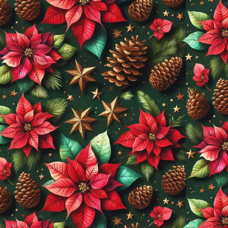 NT26 - TRICOL. COLEÇÃO NATAL HIBISCOS - PEQUENO COM PINHAS FUNDO VERDE - 100% ALGODÃO A4442-001