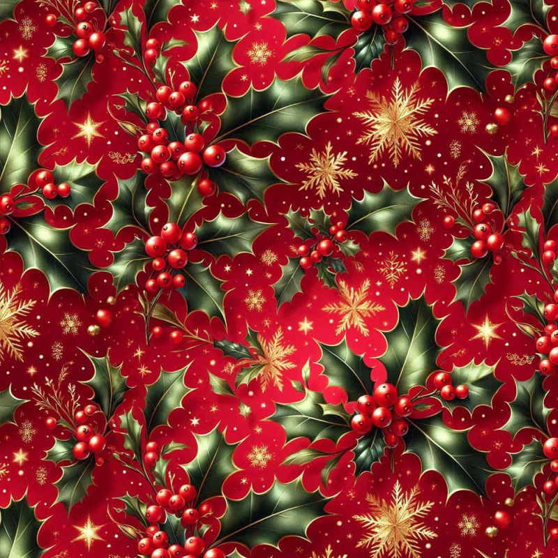 NT26 - TRICOL. COLEÇÃO HIBISCOS NATAL - AZEVINHAS FUNDO VERMELHO - 100% ALGODÃO A4441-001