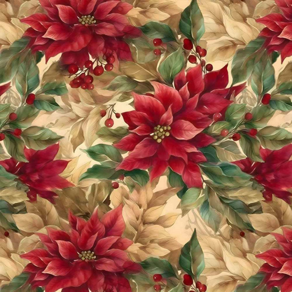 NT26 - TRICOL. COLEÇÃO HIBISCOS NATAL - HIBISCOS COM FOLHAGEM BEGE - 100% ALGODÃO A4438-001