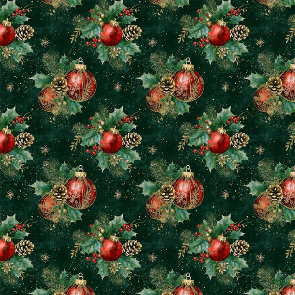 NT26 - TRICOL. COLEÇÃO NATAL  BALLS/BELLS/TREES - BOLAS FUNDO VERDE ESCURO - 100% ALGODÃO A4390-001