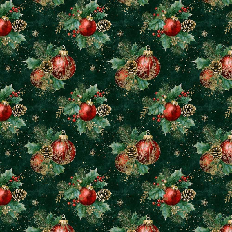 NT26 - TRICOL. COLEÇÃO NATAL  BALLS/BELLS/TREES - BOLAS FUNDO VERDE ESCURO - 100% ALGODÃO A4390-001