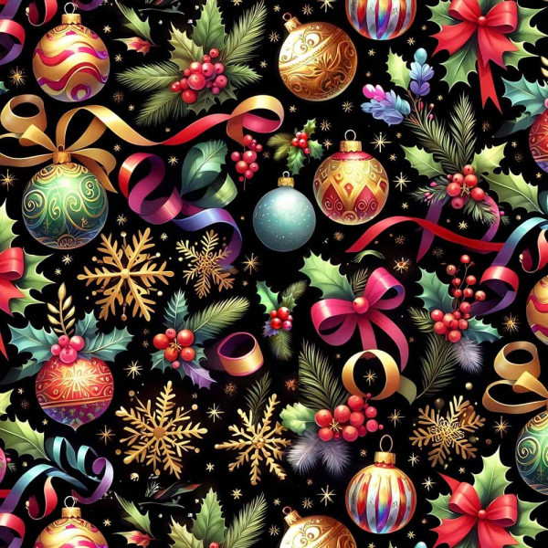 NT26 - TRICOL. COLEÇÃO NATAL BALLS/BELLS/TREES - BOLAS E FITAS FUNDO PRETO - 100% ALGODÃO A4389-001