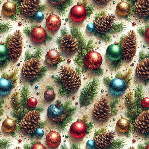 NT26 - TRICOL. COLEÇÃO NATAL BALLS/BELLS/TREES - BOLAS E PINHAS FUNDO BEGE - 100% ALGODÃO A4388-001