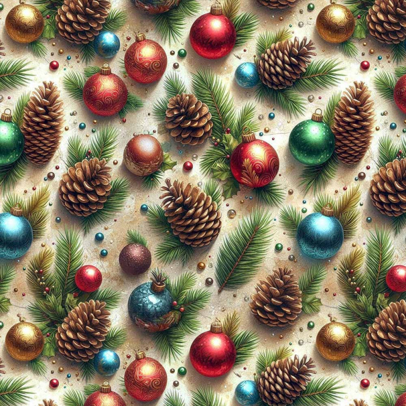 NT26 - TRICOL. COLEÇÃO NATAL BALLS/BELLS/TREES - BOLAS E PINHAS FUNDO BEGE - 100% ALGODÃO A4388-001