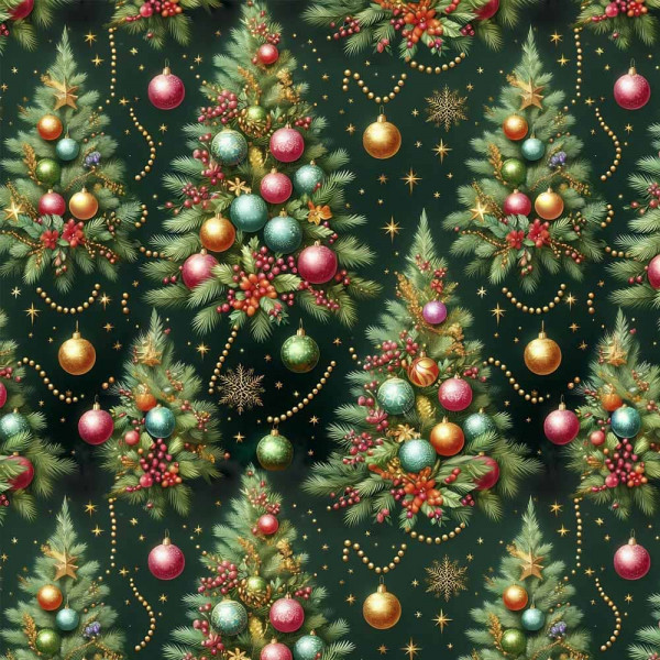 NT26 - TRICOL. COLEÇÃO NATAL BALLS/BELLS/TREES - ÁRVORES FUNDO VERDE - 100% ALGODÃO A4386-001