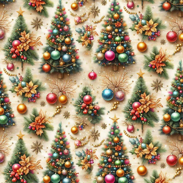 NT26 - TRICOL. COLEÇÃO NATAL BALLS/BELLS/TREES - ÁRVORES FUNDO BEGE - 100% ALGODÃO A4385-001