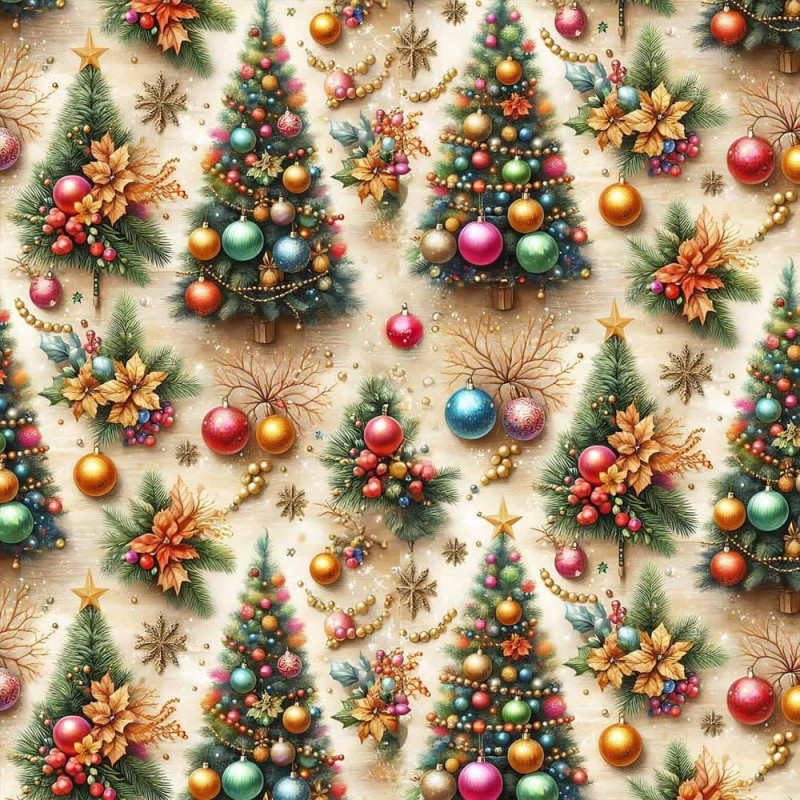 NT26 - TRICOL. COLEÇÃO NATAL BALLS/BELLS/TREES - ÁRVORES FUNDO BEGE - 100% ALGODÃO A4385-001