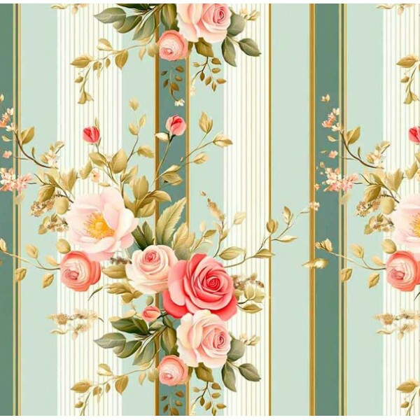 NV25 - TRICOL. COLEÇÃO ENCANTO BARROCO - FLORAL BUQUET FUNDO LISTRAS LARGAS - 100% ALGODÃO 04259-001