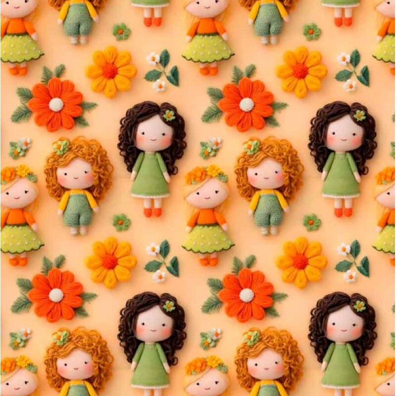 NV25 - TRICOL. COLEÇÃO GIRLS AND PUPPIES - BONECAS FUNDO LARANJA - 100% ALGODÃO 04722-001