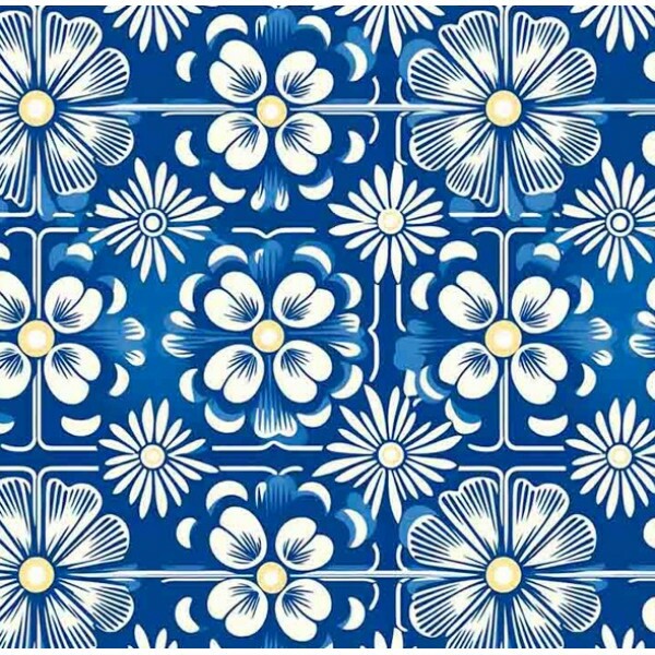 NV25 - TRICOL. COLEÇÃO AZULEJOS - AZULEJO FLORAL FUNDO AZUL - 100% ALGODÃO 04730-001
