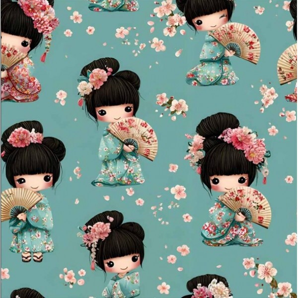 JA26 - TRICOL. CLUBE MAIS CRIATIVO - COLEÇÃO CUTE KOKESHI - JAPONESAS COM LEQUE - 100% ALGODÃO - 05753/001