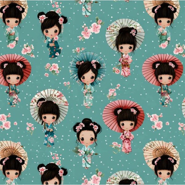 JA26 - TRICOL. CLUBE MAIS CRIATIVO - COLEÇÃO CUTE KOKESHI - JAPONESAS COM GUARDA CHUVA - 100% ALGODÃO - 05754/001