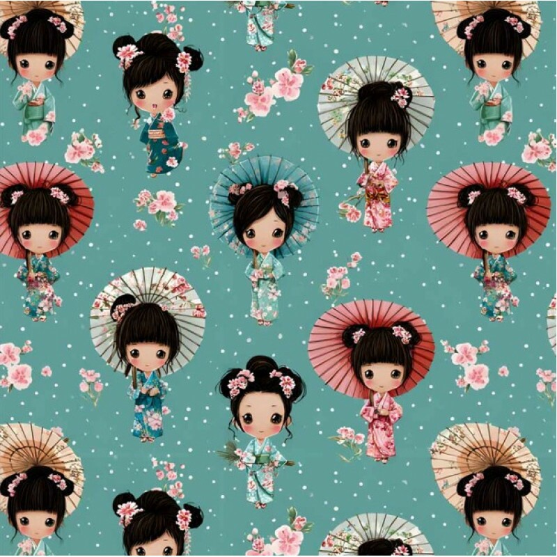 JA26 - TRICOL. CLUBE MAIS CRIATIVO - COLEÇÃO CUTE KOKESHI - JAPONESAS COM GUARDA CHUVA - 100% ALGODÃO - 05754/001