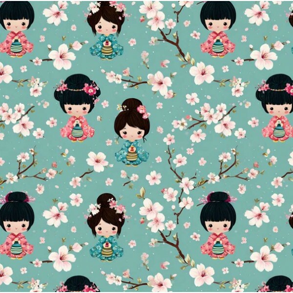 JA26 - TRICOL. CLUBE MAIS CRIATIVO - COLEÇÃO CUTE KOKESHI - JAPONESAS COM CEREJEIRAS - 100% ALGODÃO - 05755/001