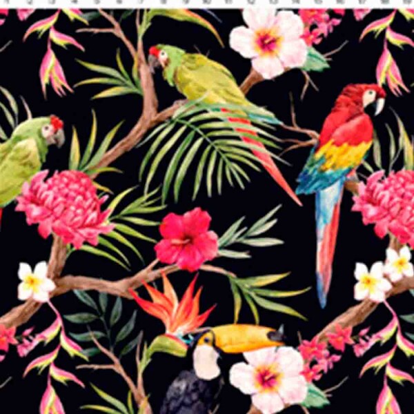 F.L 2020 - DIGITAL - TROPICAL FLORAL C/ AVES FD PRETO ( 9000-64 ) - P