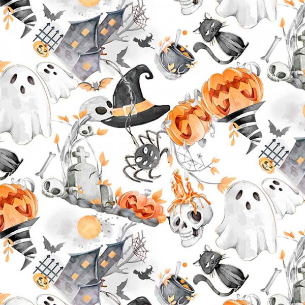 TRICOLINE 100% ALGODÃO DIGITAL  - HALLOWEEN -  ABOBORA E CHAPEU FUNDO BRANCO - 78279/001