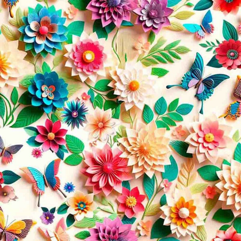COLEÇÃO FLORES DE PAPEL - TRIC. EST. DIGITAL - FLORAL FD BEGE C/ BORBOLETAS - ( 84403 VAR,01 ) - C