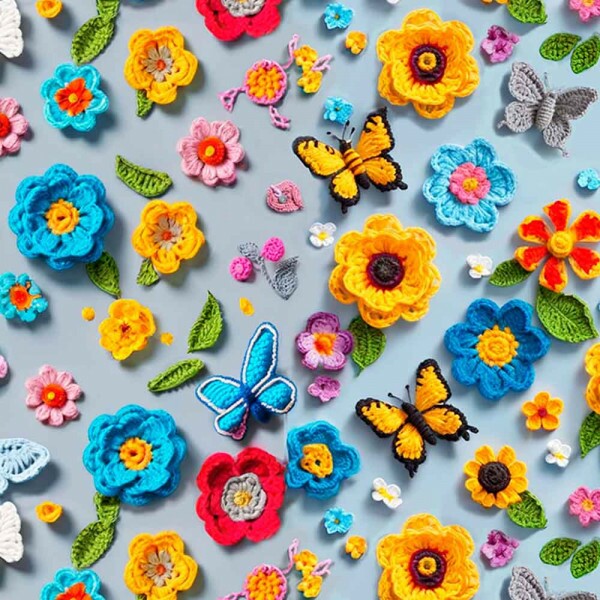 COLEÇÃO CROCHET FLOWERS - TRIC. EST. DIGITAL - FLORAL C/ BORBOLETAS - ( 84579 VAR,01 ) - C