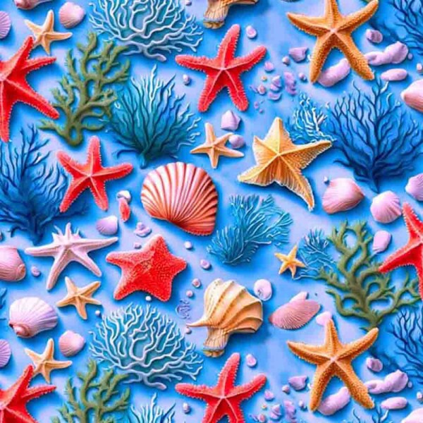 COLEÇÃO FUNDO DO MAR - TRIC. EST. DIGITAL - CHONCHAS C/ ESTRELA FD AZUL- ( 84864 VAR,01 ) - C