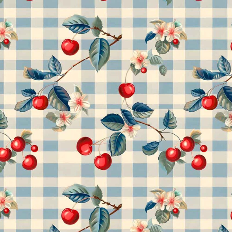 COLEÇÃO AMERICANA - TRIC. EST. DIGITAL -  XADREZ AZUL CLARO C/ CEREJAS - 86228-01 C