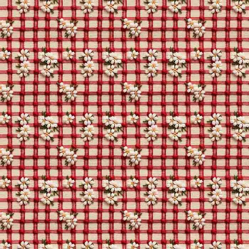 COLEÇÃO BORDADO VERMELHO - TRIC EST DIGITAL - LARG 1,50 - MARGARIDA COM XADREZ MAIOR - 92949-001