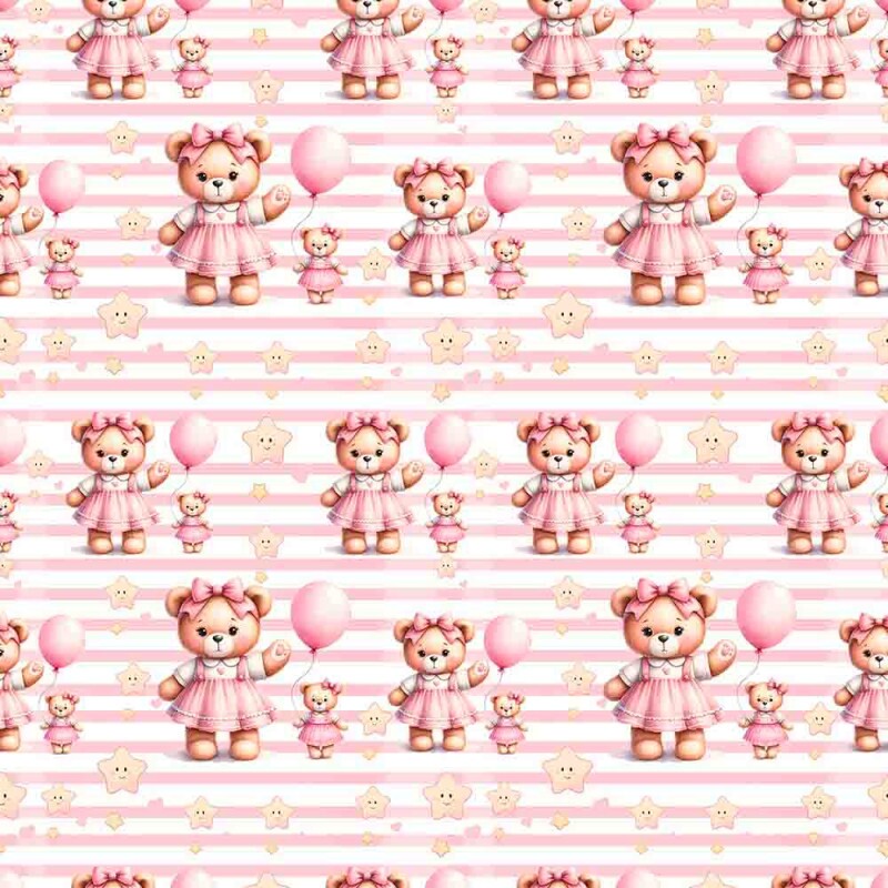 COLEÇÃO CARINHO - TRIC EST DIGITAL - LARG 1,50  - URSOS FUNDO LISTRADO HORIZONTAL ROSA - 92989-001