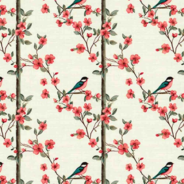 BS - TRICOL. COLEÇÃO O GORJEIO - PASSARO COM FLORES E TRONCO - 100% ALGODÃO - 93397-001