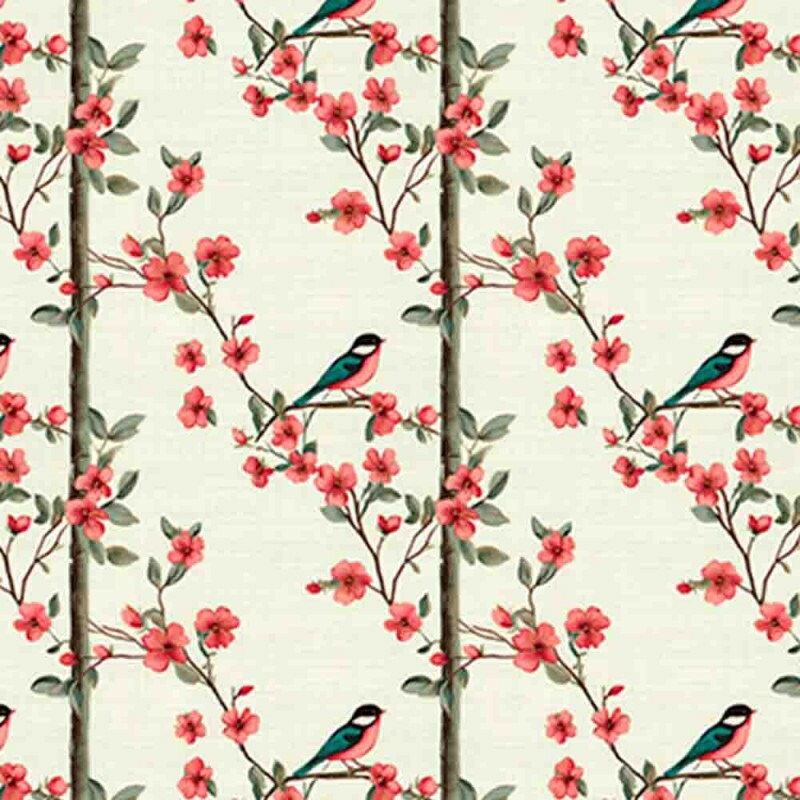 BS - TRICOL. COLEÇÃO O GORJEIO - PASSARO COM FLORES E TRONCO - 100% ALGODÃO - 93397-001