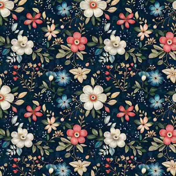 MI25 - TRICOLINE 100% ALGODÃO DIGITAL COLEÇÃO LUNA - FLORAL FUNDO MARINHO