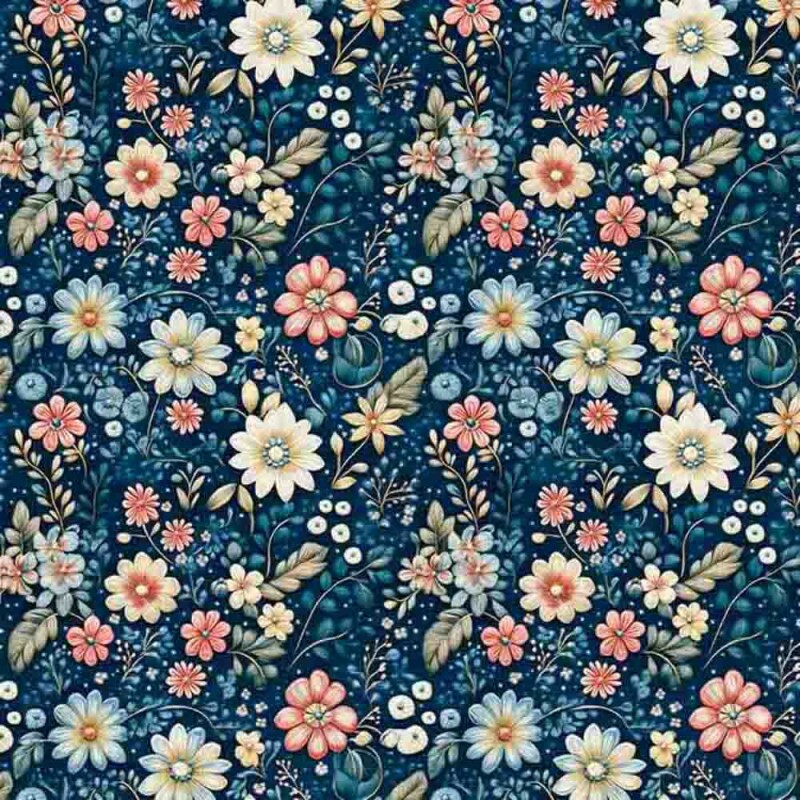 MI25 - TRICOLINE 100% ALGODÃO DIGITAL - COLEÇÃO LUNA - FLOR MENOR FUNDO MARINHO