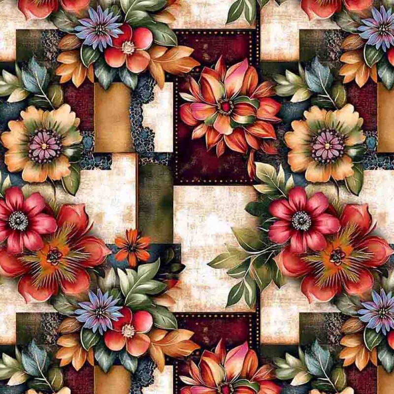 MI25 - TRICOLINE 100% ALGODÃO DIGITAL  - MADAGASCAR - FLORAL COM FUNDO GEOMETRICO