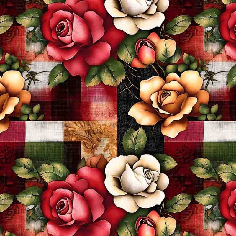 TRICOLINE 100% ALGODÃO DIGITAL  - MADAGASCAR - FLORAL FUNDO XADREZ