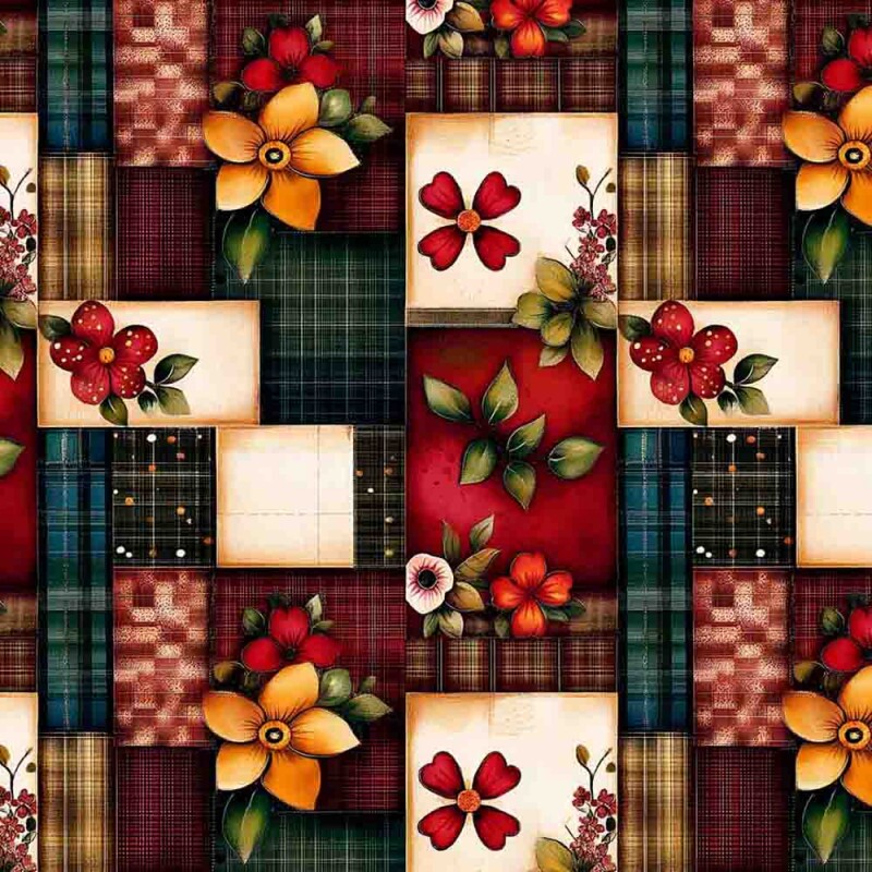 TRICOLINE 100% ALGODÃO DIGITAL  - MADAGASCAR - FLORAL PATCHWORK