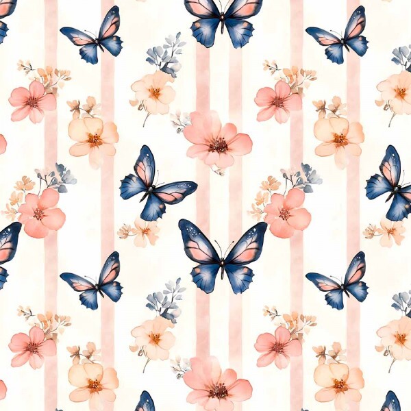 TRICOLINE 100% ALGODÃO DIGITAL  - BUTTERBLUSH - BORBOLETAS E FLORES