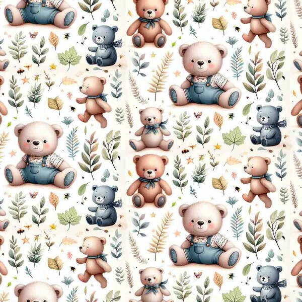 ST25 - TRICOLINE 100% ALGODÃO DIGITAL  - LARG 1,50m - URSINHOS- URSOS COM FOLHAGEM