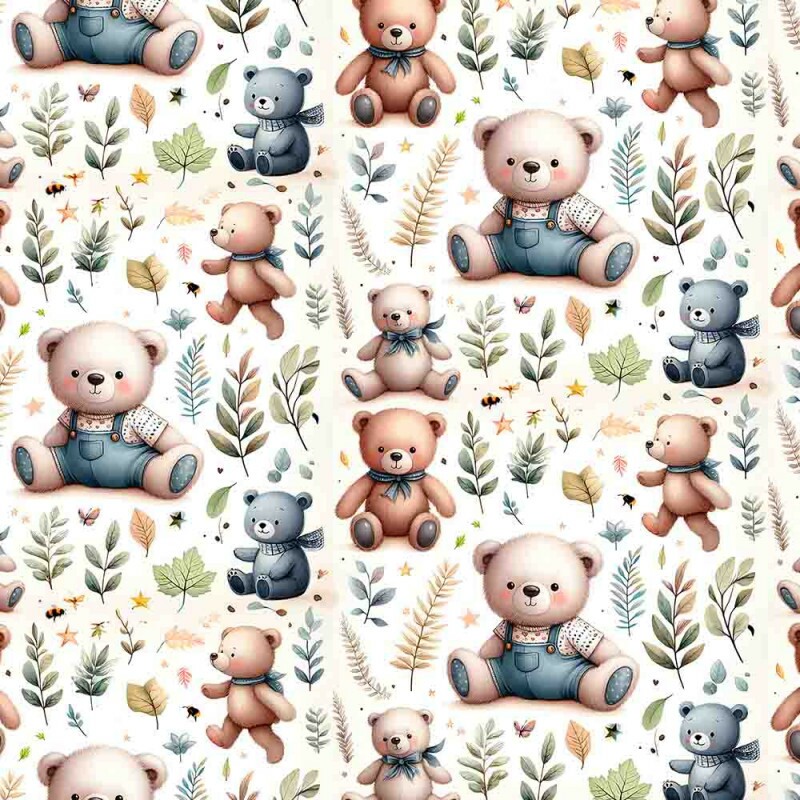 ST25 - TRICOLINE 100% ALGODÃO DIGITAL  - LARG 1,50m - URSINHOS- URSOS COM FOLHAGEM