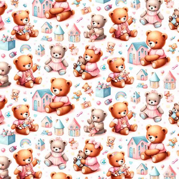 ST25 - TRICOLINE 100% ALGODÃO DIGITAL  - LARG 1,50m - URSINHOS- URSOS COM CASINHAS