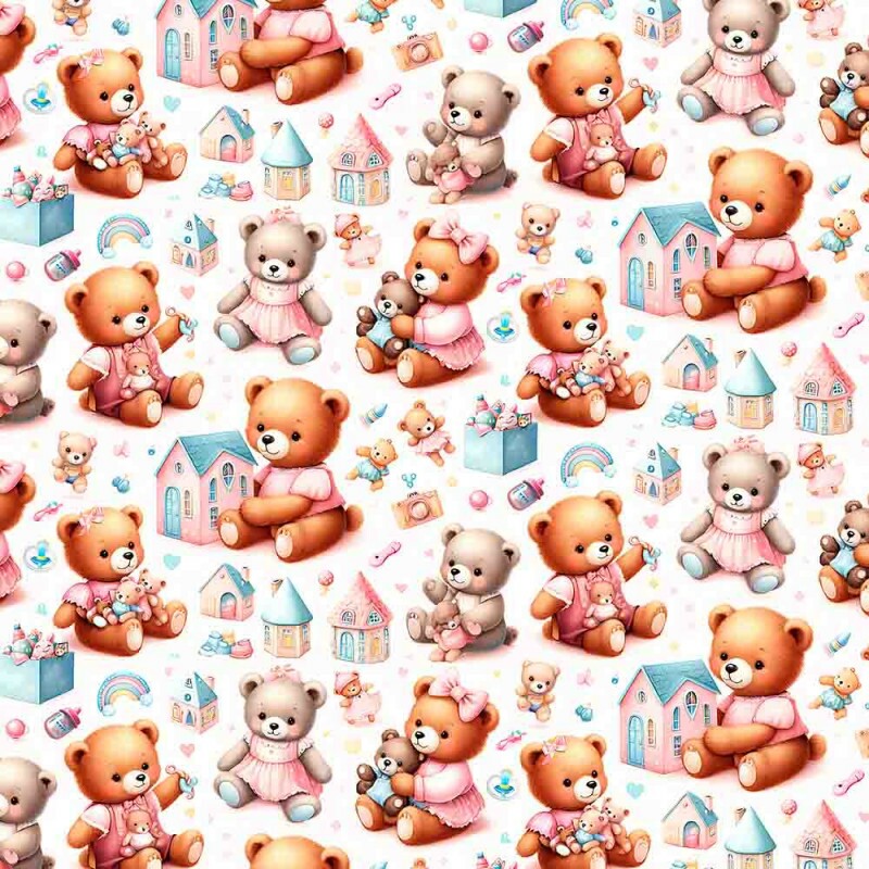 ST25 - TRICOLINE 100% ALGODÃO DIGITAL  - LARG 1,50m - URSINHOS- URSOS COM CASINHAS