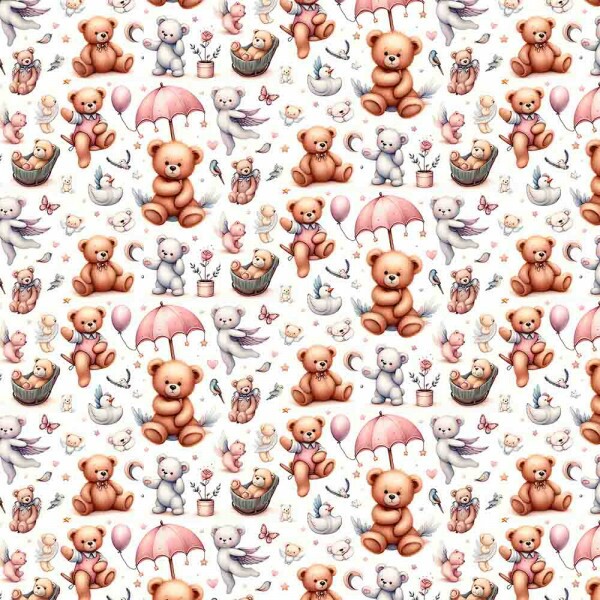 ST25 - TRICOLINE 100% ALGODÃO DIGITAL  - LARG 1,50m - URSINHOS- URSOS COM GUARDA-CHUVAS