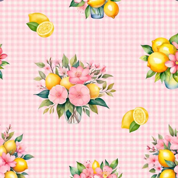 MG25 -TRICOLINE 100% ALGODÃO DIGITAL  - PINK LEMONADE - LIMAO E FLORES FUNDO XADREZ 99312/001