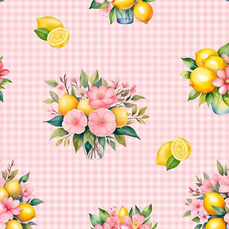MG25 -TRICOLINE 100% ALGODÃO DIGITAL  - PINK LEMONADE - LIMAO E FLORES FUNDO XADREZ 99312/001