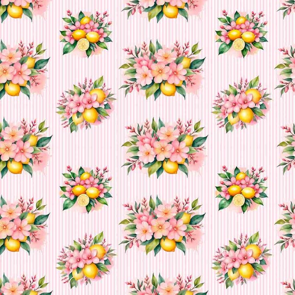 MG25 -TRICOLINE 100% ALGODÃO DIGITAL  - PINK LEMONADE - LIMAO E FLORES FUNDO LISTRADO 98702/001