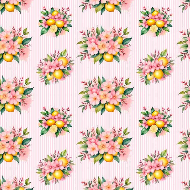 MG25 -TRICOLINE 100% ALGODÃO DIGITAL  - PINK LEMONADE - LIMAO E FLORES FUNDO LISTRADO 98702/001