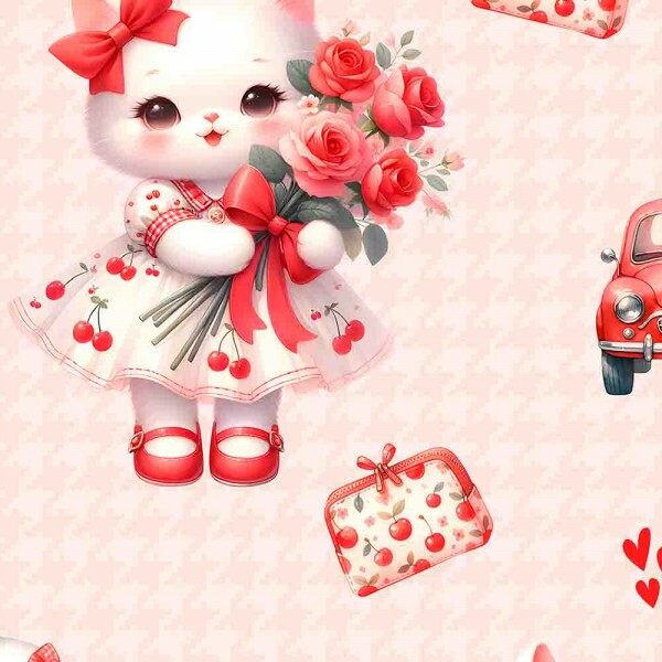 JL25 -TRICOLINE 100% ALGODÃO DIGITAL  - LARG 1,50m - CHERRY KITTIES - GATA GRANDE COM CARRO