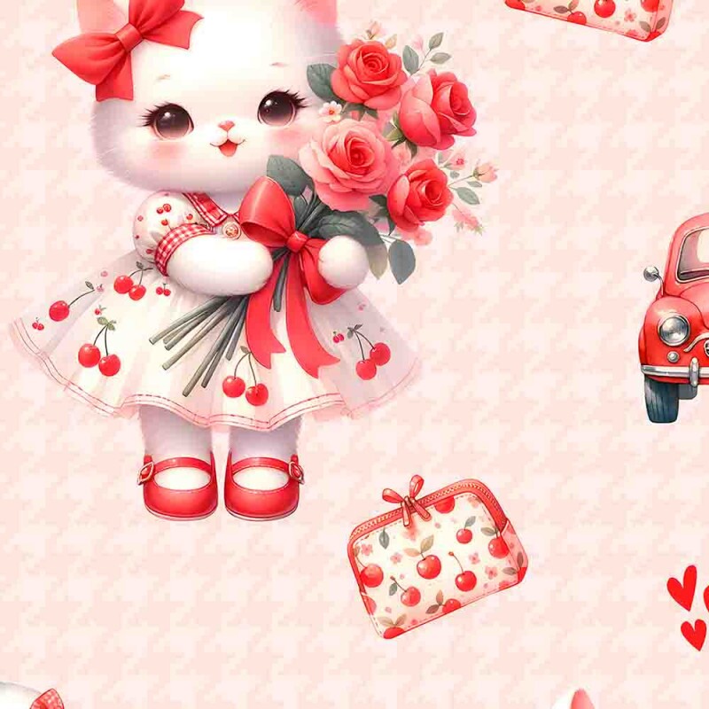 JL25 -TRICOLINE 100% ALGODÃO DIGITAL  - LARG 1,50m - CHERRY KITTIES - GATA GRANDE COM CARRO
