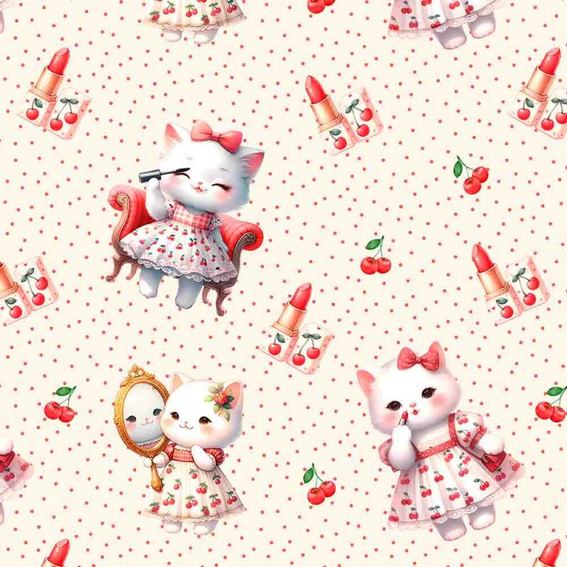 JL25 -TRICOLINE 100% ALGODÃO DIGITAL  - LARG 1,50m - CHERRY KITTIES - GATA GRANDE COM MAQUIAGEM