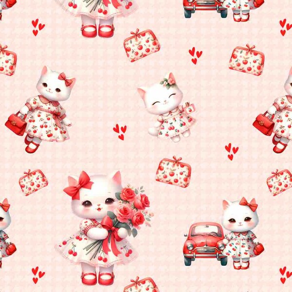 JL25 -TRICOLINE 100% ALGODÃO DIGITAL  - LARG 1,50m - CHERRY KITTIES - GATA PEQUENA COM CARRO