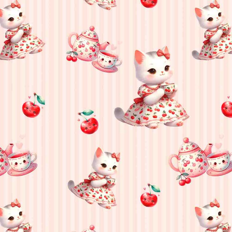 JL25 -TRICOLINE 100% ALGODÃO DIGITAL  - LARG 1,50m - CHERRY KITTIES - GATA PEQUENA COM BULE